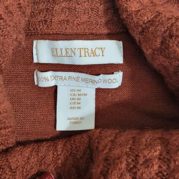 Ellen Tracy 100% Extrafine Merino Wool Leather Buckle Brown Cowlneck Cardigan  M - Picture 4 of 12